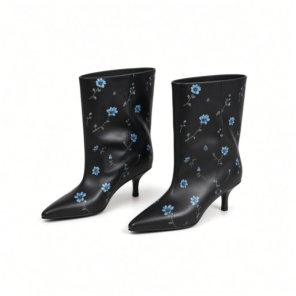 Flower Print Mid-Calf Booties — black front
