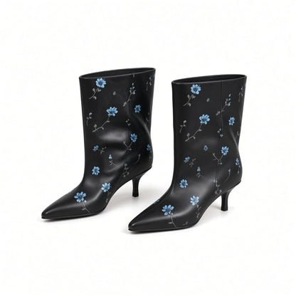 Flower Print Mid-Calf Booties — black front