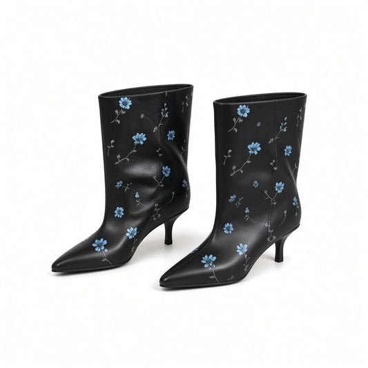Flower Print Mid-Calf Booties — black front