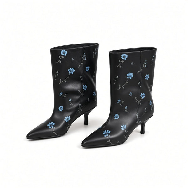 Flower Print Mid-Calf Booties — black front