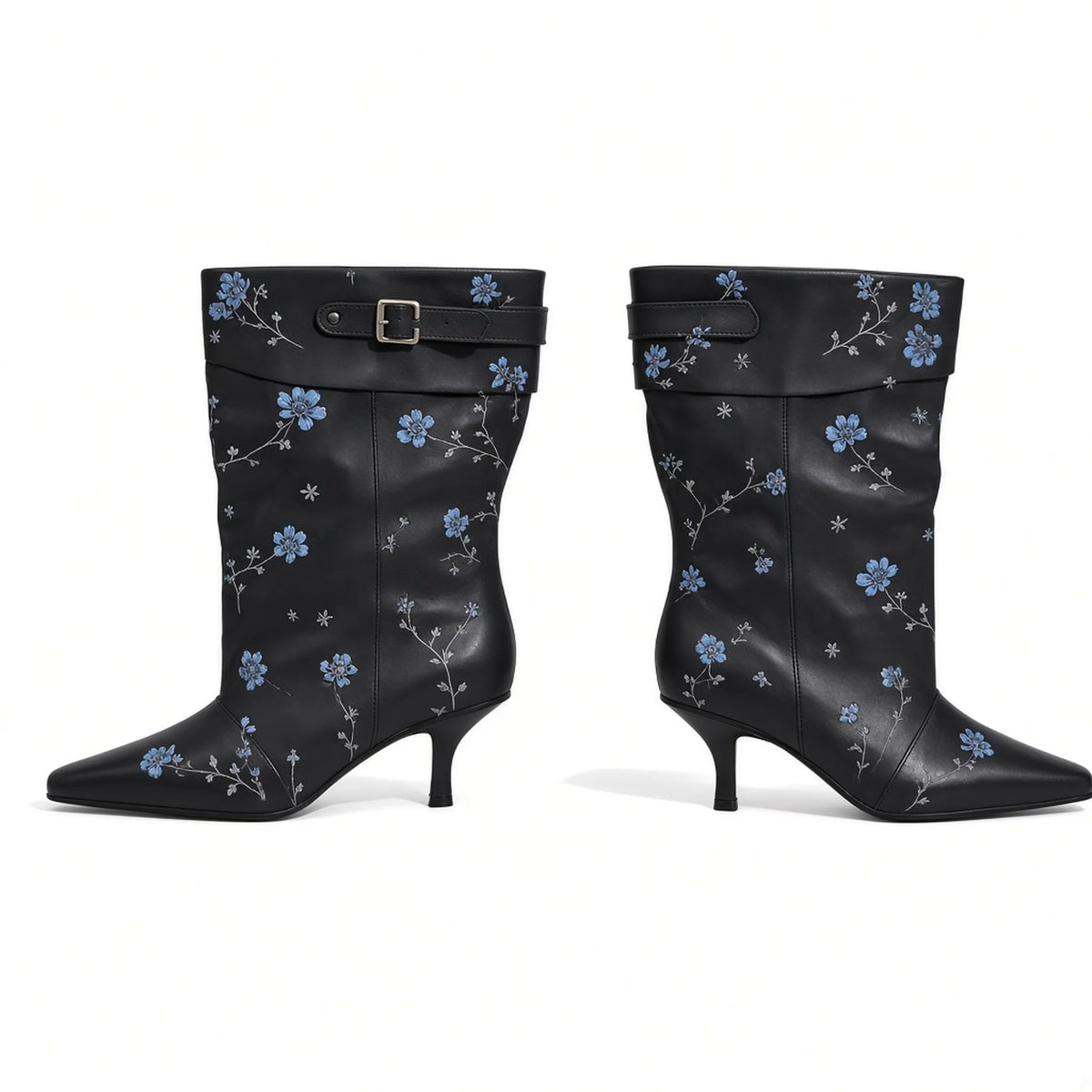 Flower Print Mid-Calf Booties — black side