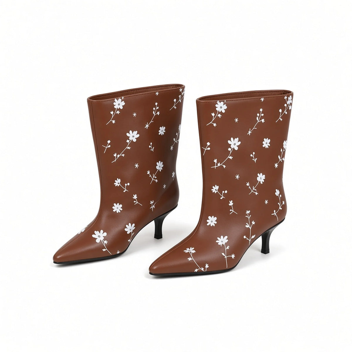 Flower Print Mid-Calf Booties — brown front