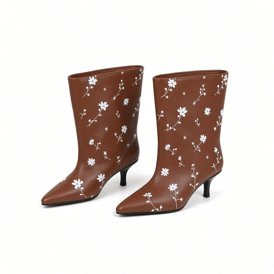 Flower Print Mid-Calf Booties — brown front