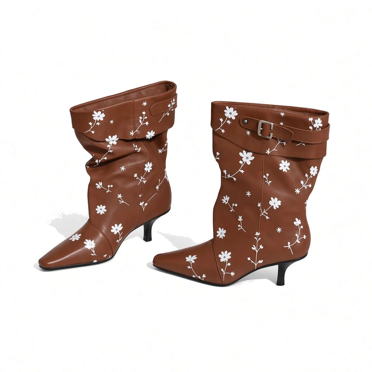 Flower Print Mid-Calf Booties — brown side