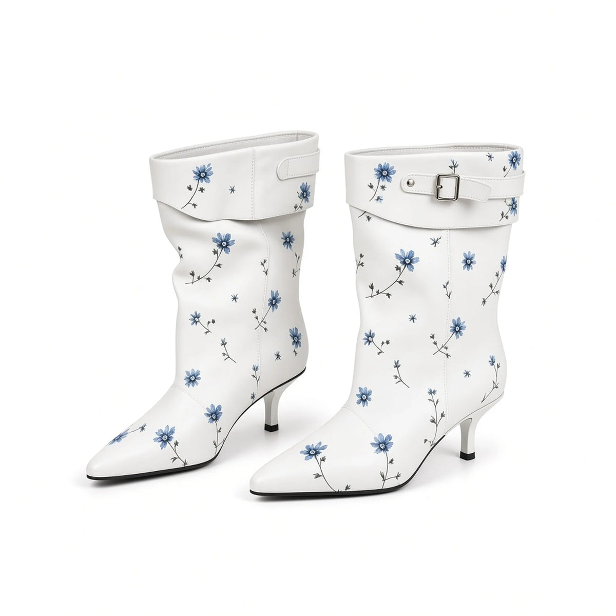Flower Print Mid-Calf Booties — white front