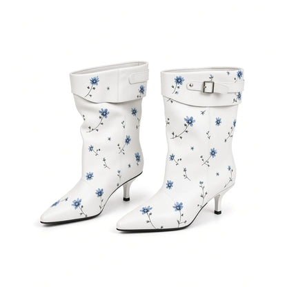 Flower Print Mid-Calf Booties — white front