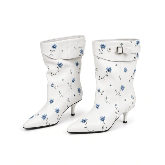 Flower Print Mid-Calf Booties — white front