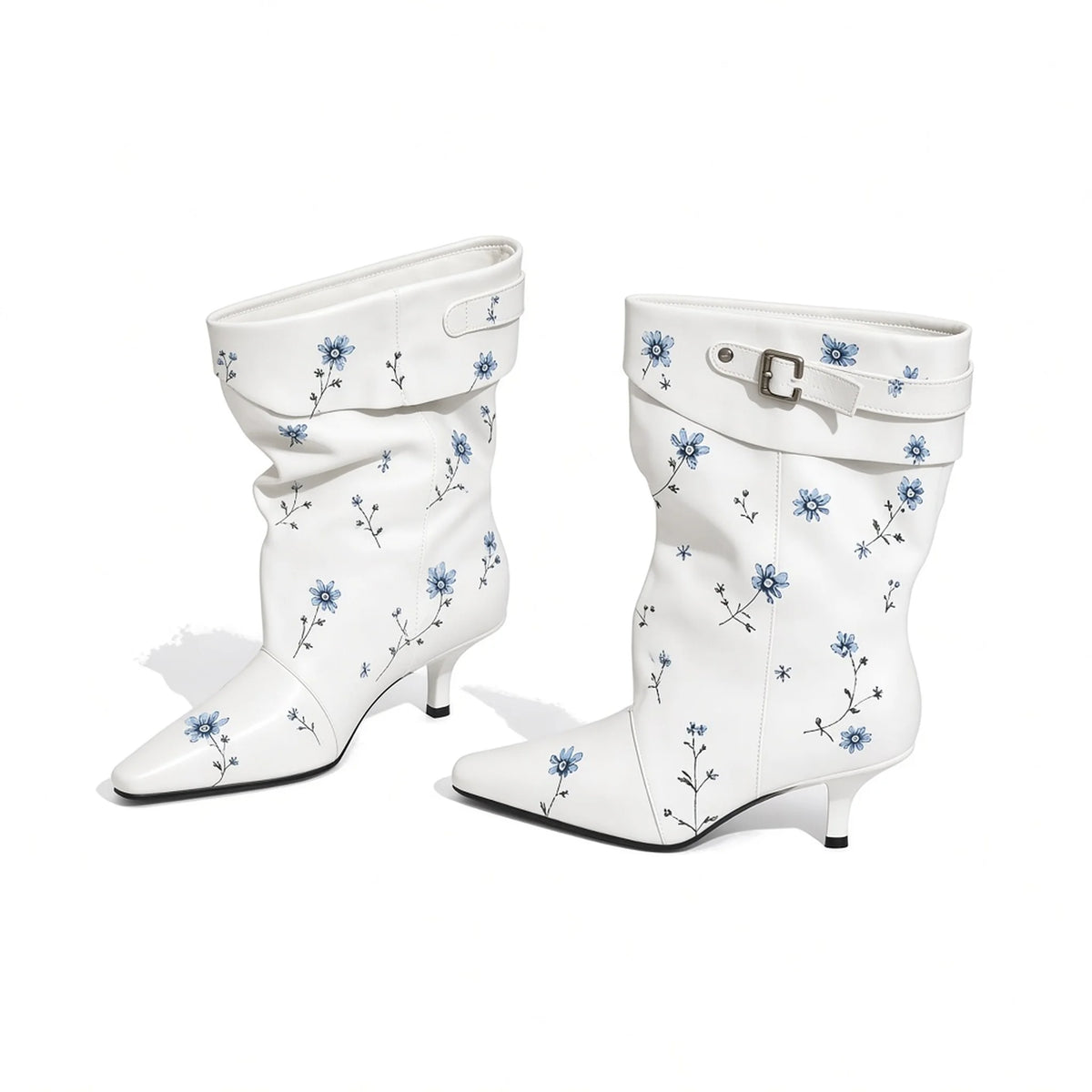 Flower Print Mid-Calf Booties — white side