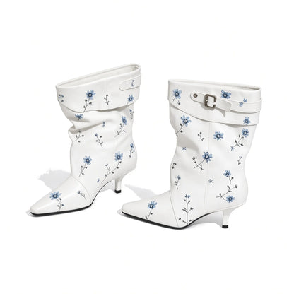 Flower Print Mid-Calf Booties — white side