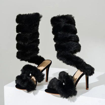 Black Fluffy Faux Fur Heels