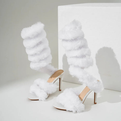 White Fluffy Faux Fur Heels