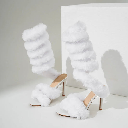 White Fluffy Faux Fur Heels