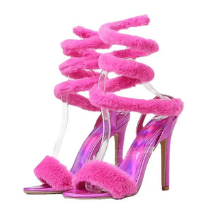 Fluffy Spiral Wrap Heeled Sandals