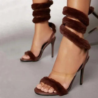 Fluffy Spiral Wrap Heeled Sandals