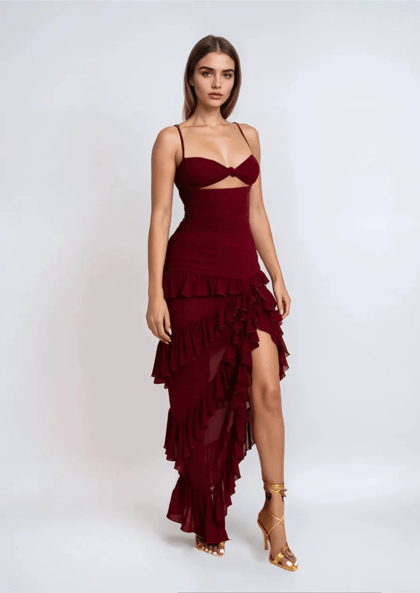 FRILLED MAXI DRESS - Red Sheath Ruffled Elegance
