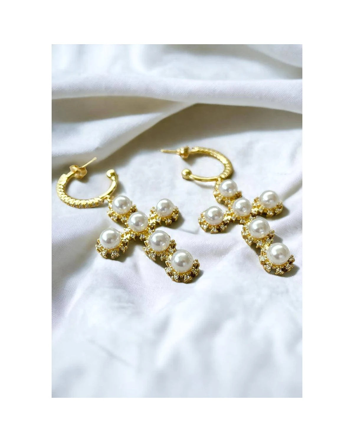 Dangle pearl Cross Earrings — front