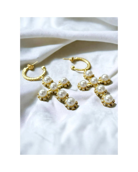 Dangle pearl Cross Earrings — front