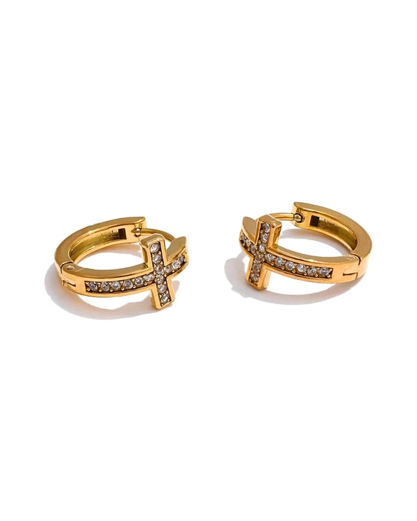 Mini CZ Cross Hoop Earrings - Daily Chic Stainless — front