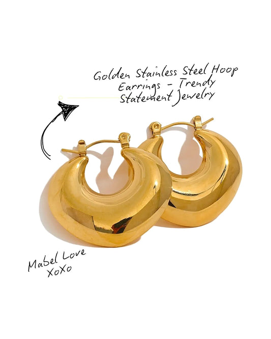 Golden Stainless Steel Hoop Earrings - Trendy Statement Jewelry — gold front