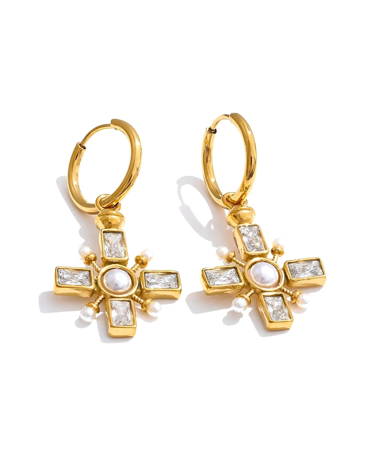 Zirconia Cross Hoop Earrings - Golden daily-wear chic — front