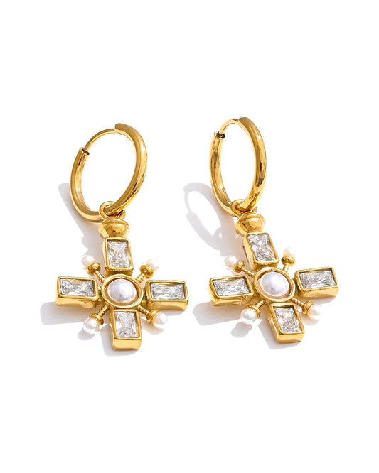 Zirconia Cross Hoop Earrings - Golden daily-wear chic — front