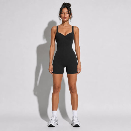 Black Ribbed Romper — front