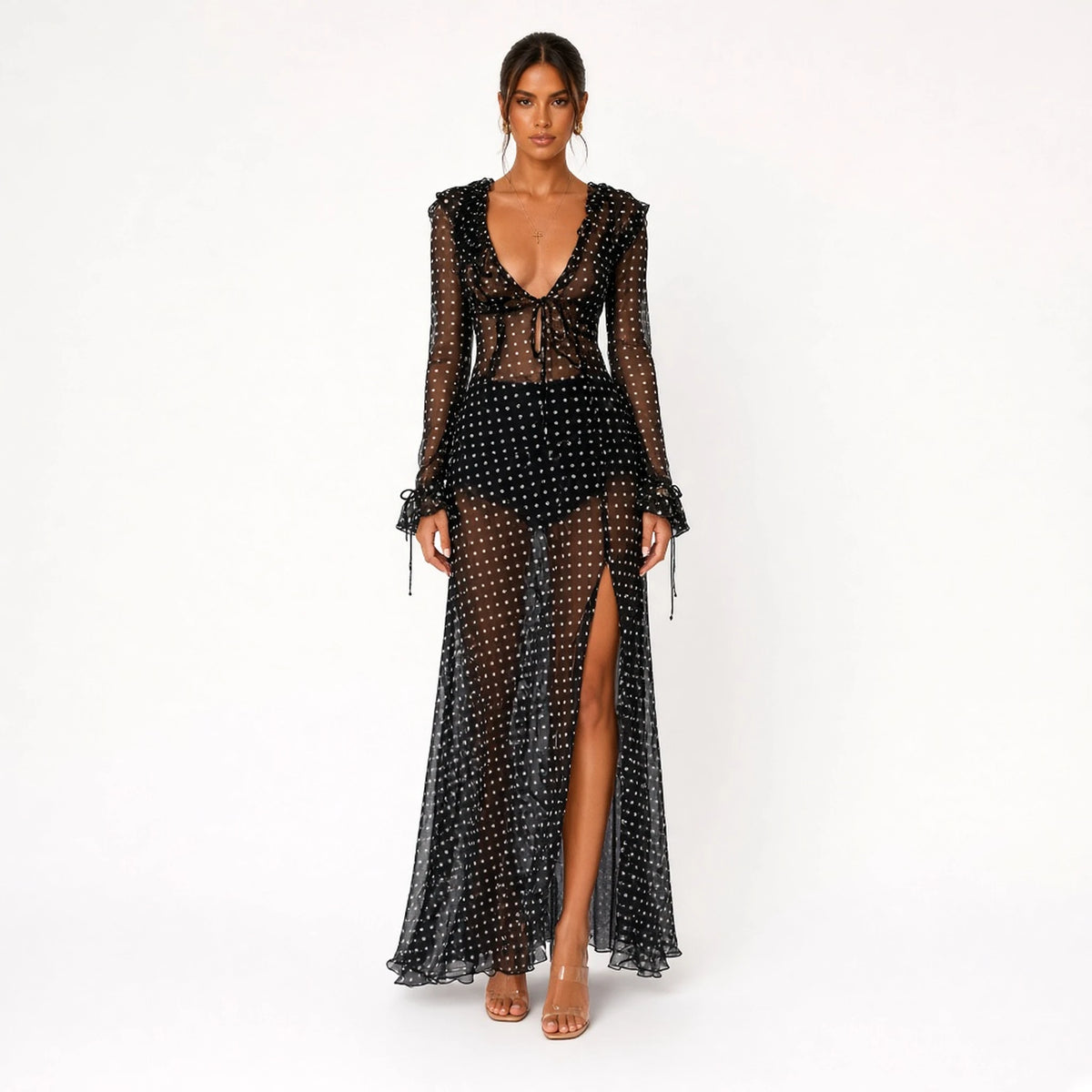 Tie Polka Mesh Maxi Dress — front