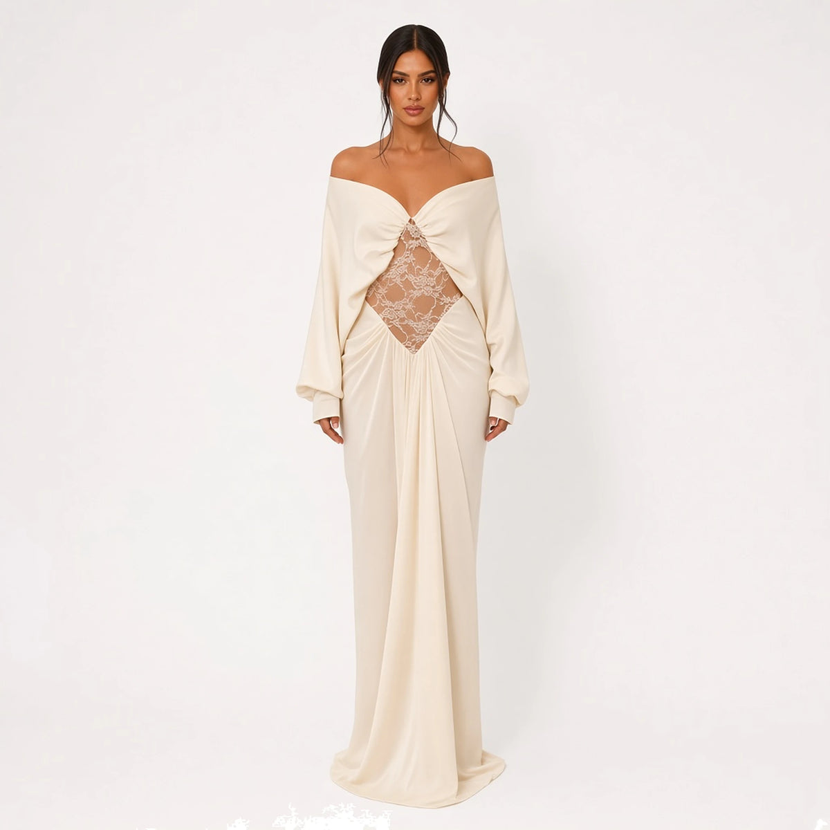 Off-Shoulder Lace Cutout Maxi Dress — front