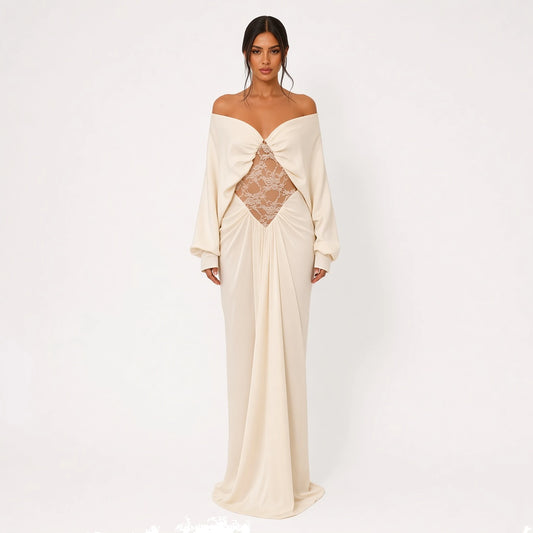 Off-Shoulder Lace Cutout Maxi Dress — front