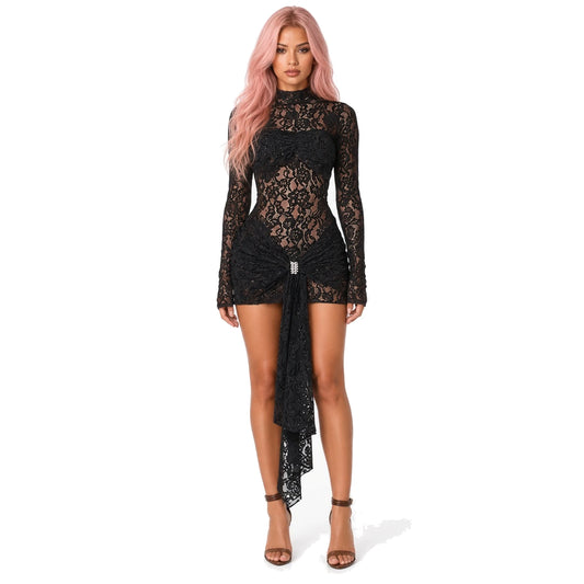 Draped Long Sleeve Lace Mini Dress — front