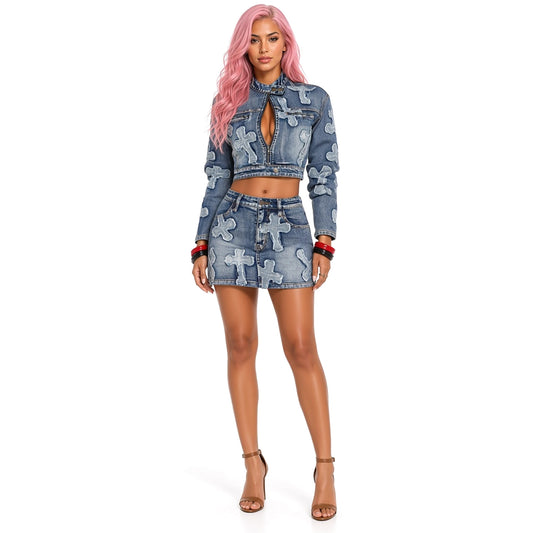 Embroidered Denim Skirt and Cropped Jacket Set — front