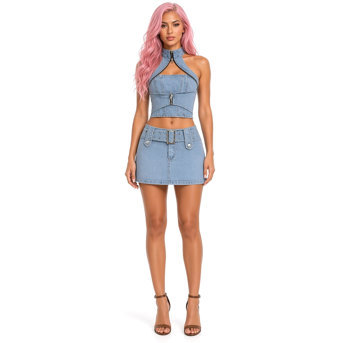 Streetwear Denim Halter Top Mini Skirt Set — front