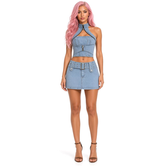 Streetwear Denim Halter Top Mini Skirt Set — front