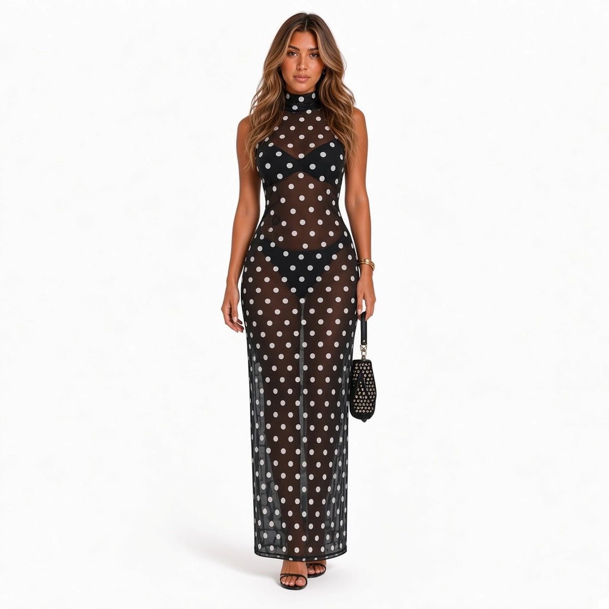 Polka Dot Turtleneck Maxi Dress — front with accessories