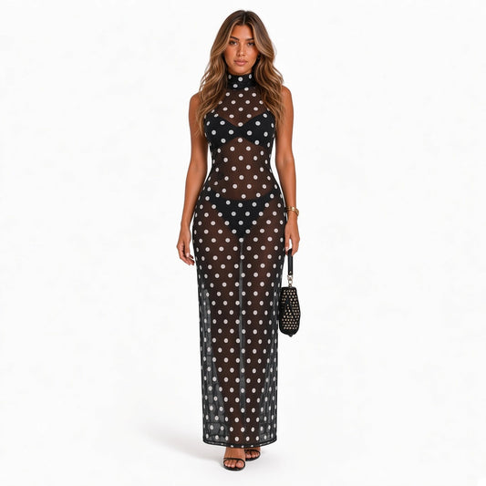 Polka Dot Turtleneck Maxi Dress — front with accessories