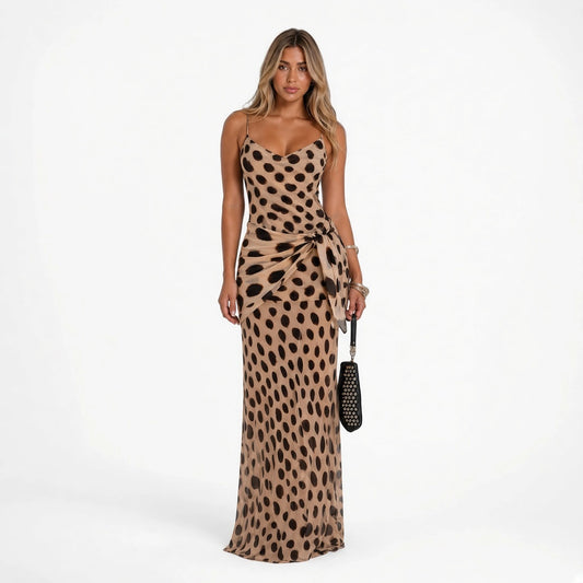 Cheetah Print Cowl Neck Maxi Dress — front with accessories