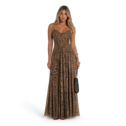 Leopard Print V-Neck Maxi Dress — front with accessories