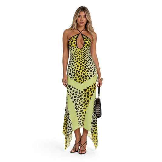 Leopard Keyhole Halter Chiffon Dress — front with accessories