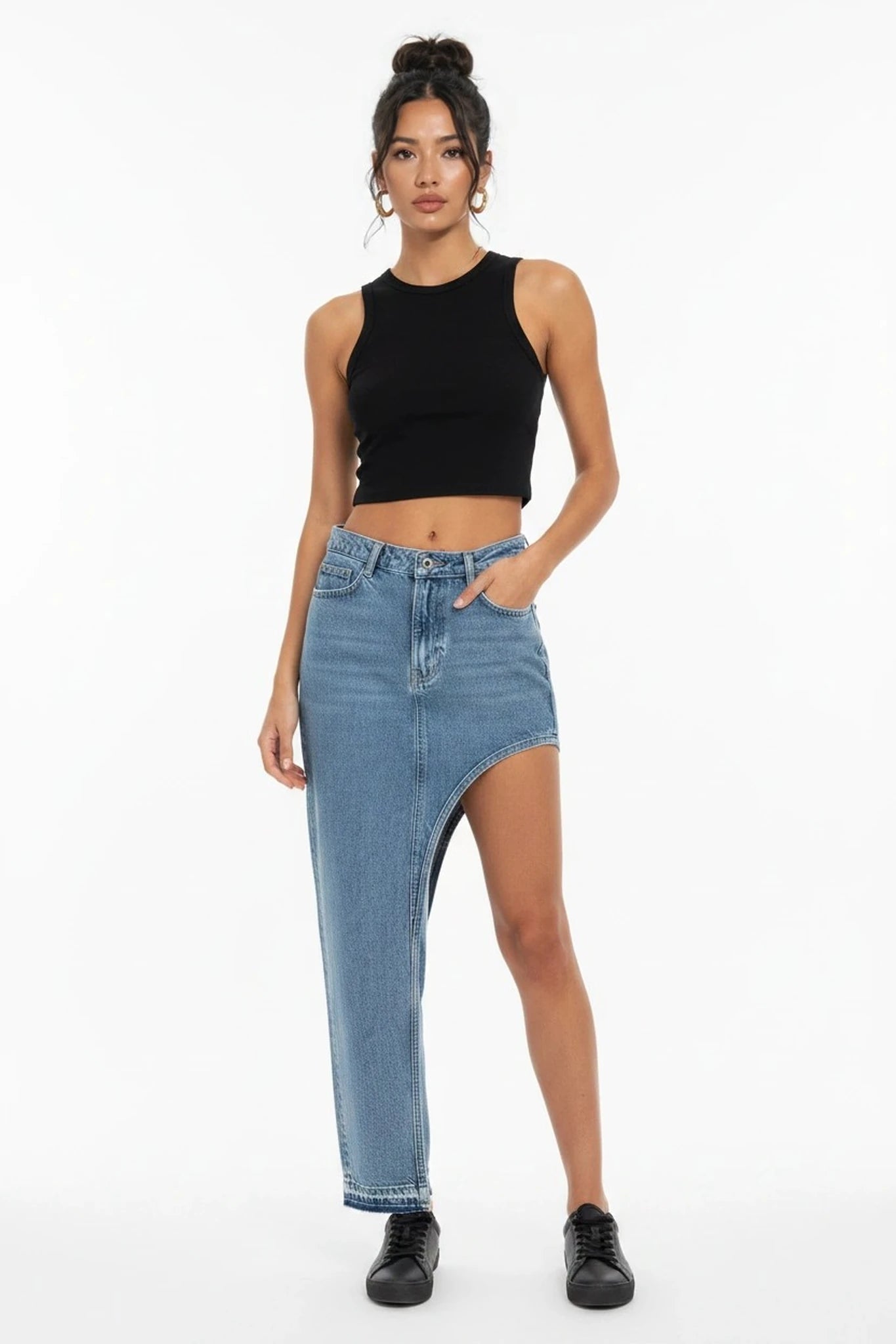 Denim Maxi Skirt — front on-model, asymmetric cutout
