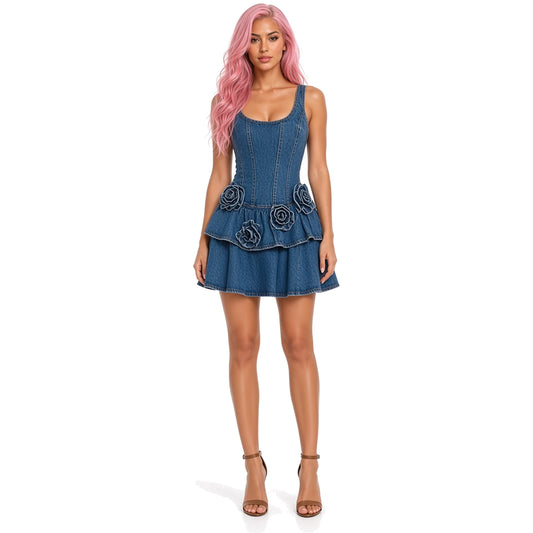 Summer 3D Floral A-line Denim Dress — front