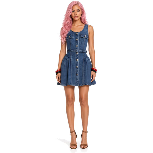 Retro Denim Sleeveless Dress - Casual Chic Women's Fashion — front
