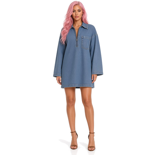 Blue Denim Hipster Mini Dress - Casual Cool — front