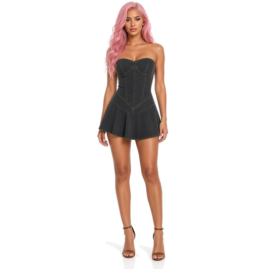 Black Strapless Denim Mini Dress — front