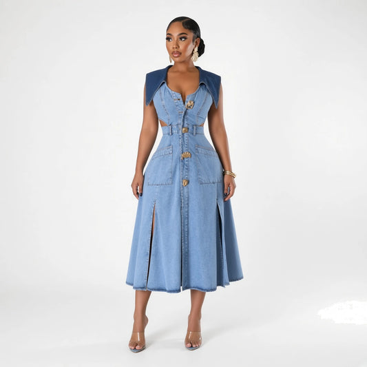 Lapel Sleeveless Denim Dress — front