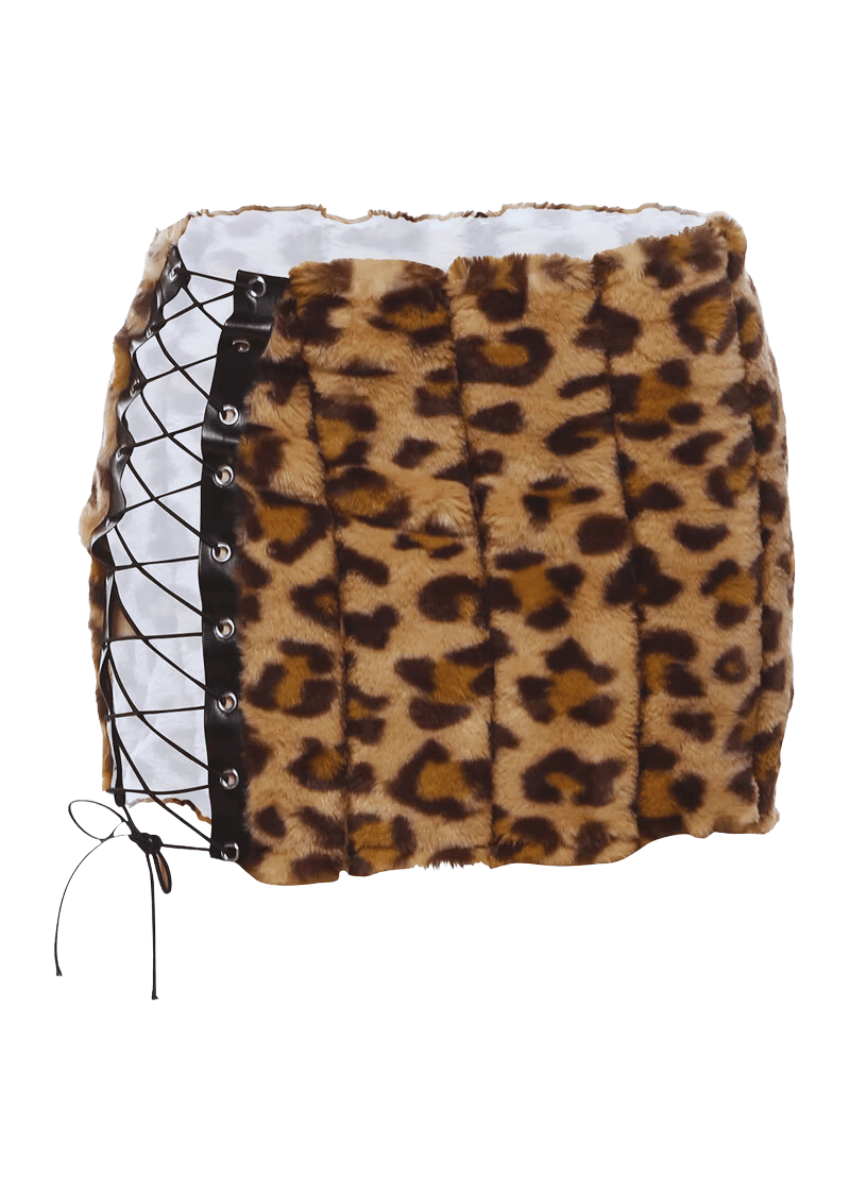 Fuzzy Leopard Lace - Up Mini Skirt