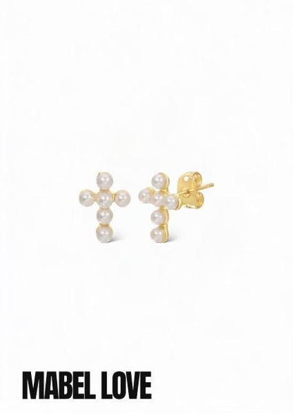 Gold Beaded Cross Studs