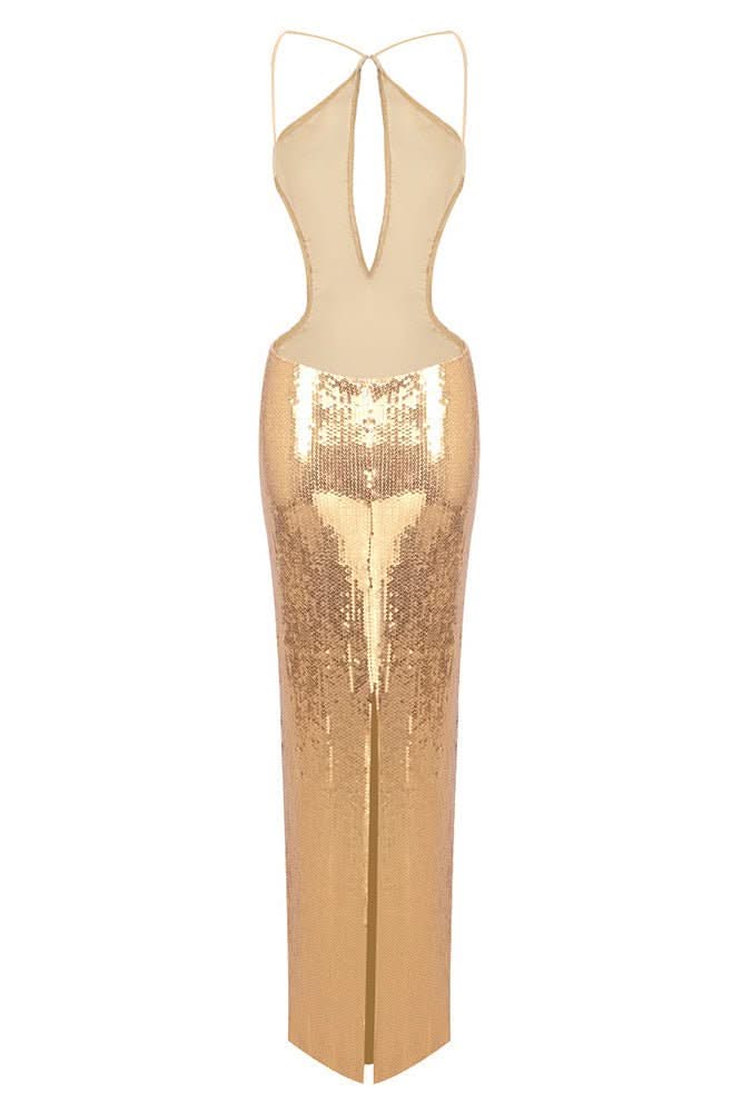 Sleeveless Backless Sequin Slit Maxi Dress Golden / L Sleeveless Backless Sequin Slit Maxi Dress Golden / L