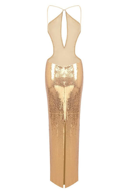 Sleeveless Backless Sequin Slit Maxi Dress Golden / L Sleeveless Backless Sequin Slit Maxi Dress Golden / L