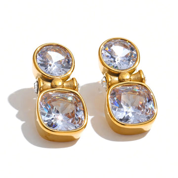 Double Crystal Stud Earrings — gold front