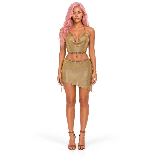 Metal mini skirt set — Gold front
